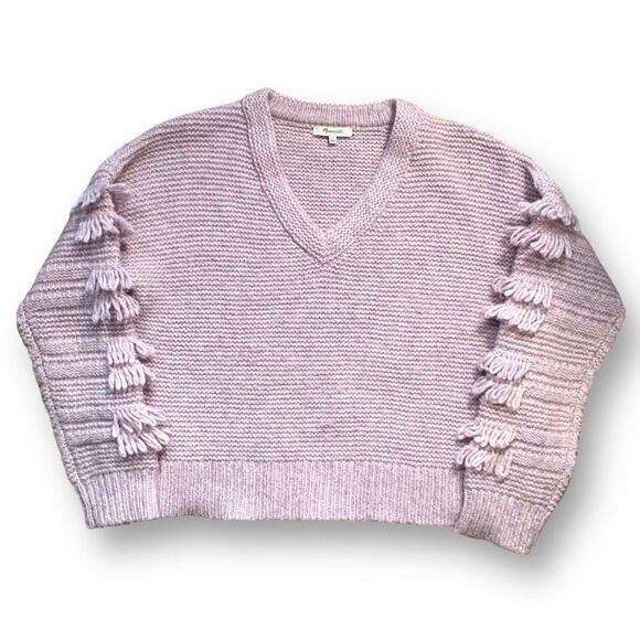 Madewell Fringe Sleeve Pullover Sweater Loose Knit Pastel Lilac Cropped Small - Picture 7 of 8